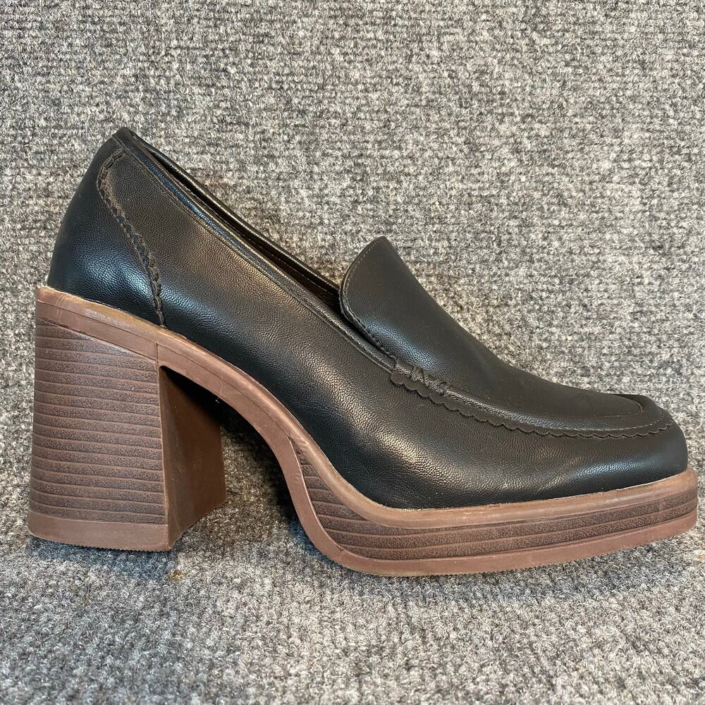 Black Faux Leather Platform Loafers Chunky Stacked Block Heel Womens 9.5 Wide